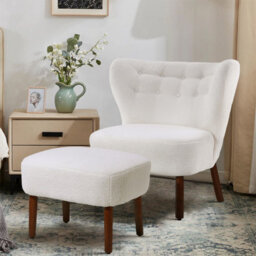 Living And Home Armchair Set White Upholstered Accent Chair Armchair Recliner Chair And Footstool With Wood Legs