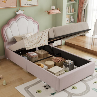 Btm 3Ft Kids Velvet Ottoman Bed, Hydraulic Storage Bed Frame, Upholstered Bed, Pink, 90X190Cm - image 1