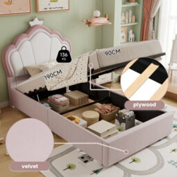 Btm 3Ft Kids Velvet Ottoman Bed, Hydraulic Storage Bed Frame, Upholstered Bed, Pink, 90X190Cm - thumbnail 4