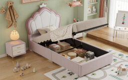 Btm 3Ft Kids Velvet Ottoman Bed, Hydraulic Storage Bed Frame, Upholstered Bed, Pink, 90X190Cm - thumbnail 9