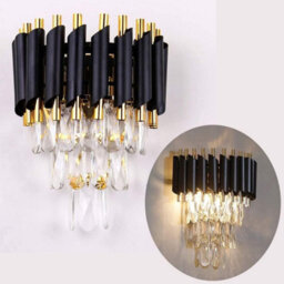 2 Light Modern Wall Light Indoor With 3 Tiers Crystals, Black & Gold Finish E14 Luxury Lamp - thumbnail 5