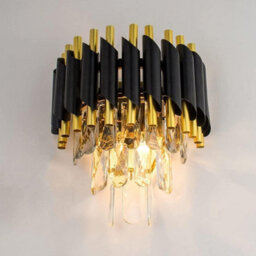 2 Light Modern Wall Light Indoor With 3 Tiers Crystals, Black & Gold Finish E14 Luxury Lamp - thumbnail 4