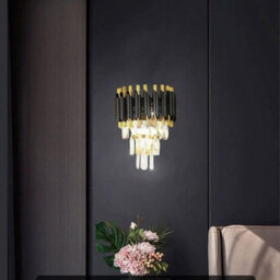 2 Light Modern Wall Light Indoor With 3 Tiers Crystals, Black & Gold Finish E14 Luxury Lamp - thumbnail 2
