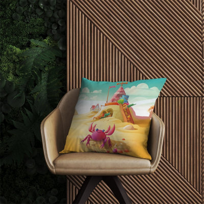 Warren Reed Designer Pink Crab On A Beach Holiday Outdoor Cushion 60Cm X 60Cm