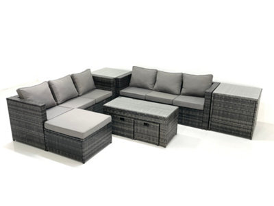 Fimous Garden Outdoor Rattan Furniture Set With Sofa Coffee Table 3 Footstools 2 Side Tables Dark Grey Mixed - image 1