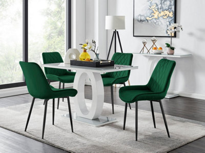 Furniturebox Giovani Rectangular 4 Seat White High Gloss Unique Halo Base Dining Table Grey Glass Top 4 Green Velvet Black Leg Pesaro Chairs - image 1