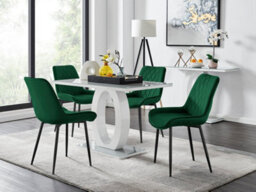 Furniturebox Giovani Rectangular 4 Seat White High Gloss Unique Halo Base Dining Table Grey Glass Top 4 Green Velvet Black Leg Pesaro Chairs