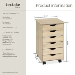 Tectake Chest Of Drawers, 6 Drawer Wooden Filing Cabinet With 4 Swivel Wheels - 1 - Wood Light, Oak Sonoma - thumbnail 6