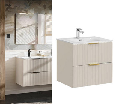 Impact Furniture Bathroom Vanity Unit With Sink Basin 600mm Ribbed Fluted Beige Cashmere Modern Wall Hung Cabinet With Drawers Adel - image 1