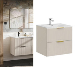 Impact Furniture Bathroom Vanity Unit With Sink Basin 600mm Ribbed Fluted Beige Cashmere Modern Wall Hung Cabinet With Drawers Adel