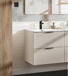 Impact Furniture Bathroom Vanity Unit With Sink Basin 600mm Ribbed Fluted Beige Cashmere Modern Wall Hung Cabinet With Drawers Adel - thumbnail 3