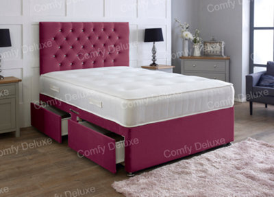 Comfy Deluxe Maroon  Plush 4Ft Small Double Divan Bed With Mattress And Headboard 2 Drawers Same Side