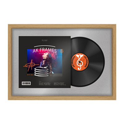 "AK Frames 25X17"" Light Oak Modern Vinyl Record Frame With Silver Mount For 12 Inch Lp Cover & Disc - Overlapped Design" - image 1