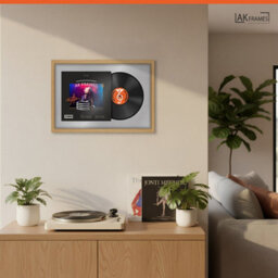 "AK Frames 25X17"" Light Oak Modern Vinyl Record Frame With Silver Mount For 12 Inch Lp Cover & Disc - Overlapped Design" - thumbnail 5