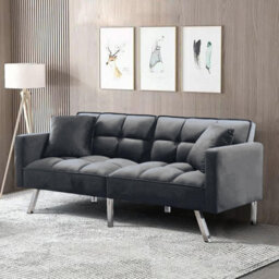Kosy Koala Sofa Bed 2 Seater Grey Velvet Click Clack Sofa Settee Recliner Couch With Metal Legs With 2 Pillows