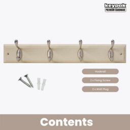 Keypak 4-Hook Wall-Mounted Coat Rack, 45Cm - Cream Wooden Board, Satin Nickel Coat Hooks - thumbnail 4
