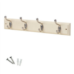 Keypak 4-Hook Wall-Mounted Coat Rack, 45Cm - Cream Wooden Board, Satin Nickel Coat Hooks