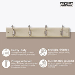 Keypak 4-Hook Wall-Mounted Coat Rack, 45Cm - Cream Wooden Board, Satin Nickel Coat Hooks - thumbnail 2