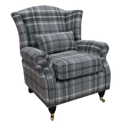 Wing Chair Original Fireside High Back Armchair P And S Balmoral Dove Grey Check Real Fabric - image 1