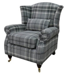 Wing Chair Original Fireside High Back Armchair P And S Balmoral Dove Grey Check Real Fabric - thumbnail 2
