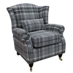 Wing Chair Original Fireside High Back Armchair P And S Balmoral Dove Grey Check Real Fabric - thumbnail 1