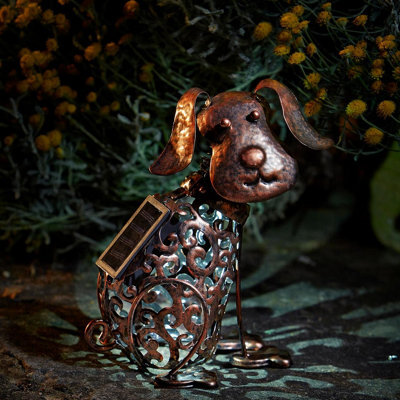 Solar Powered Silhouette Dog - Outdoor Garden Decorative Handmade Novelty Metal Ornament With Scroll Effect Cut Out & Led Light - image 1