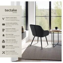 Tectake Set Of 2 Chair Marilyn - Velvet Look, Quilted, Continuous Backrest, Slim Steel Legs  - Black/black - thumbnail 2