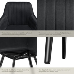 Tectake Set Of 2 Chair Marilyn - Velvet Look, Quilted, Continuous Backrest, Slim Steel Legs  - Black/black - thumbnail 5