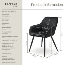 Tectake Set Of 2 Chair Marilyn - Velvet Look, Quilted, Continuous Backrest, Slim Steel Legs  - Black/black - thumbnail 6