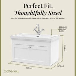 Balterley Classic Traditional Bathroom Wall Hung 1-Drawer Vanity Unit & Fireclay Basin, Satin White, 800mm - thumbnail 5