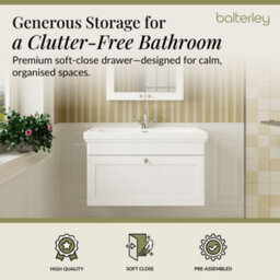 Balterley Classic Traditional Bathroom Wall Hung 1-Drawer Vanity Unit & Fireclay Basin, Satin White, 800mm - thumbnail 3