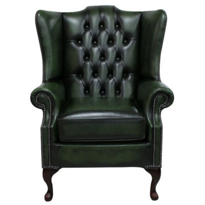 Chesterfield Prince's High Back Wing Chair Mallory Style Antique Green Leather In Stock - image 1
