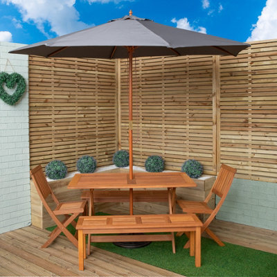Samuel Alexander Outdoor 6 Person Rectangular Wooden Garden Dining Table, 2 Benches, Chairs With Grey Parasol And Base Set - image 1