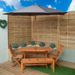 Samuel Alexander Outdoor 6 Person Rectangular Wooden Garden Dining Table, 2 Benches, Chairs With Grey Parasol And Base Set - thumbnail 1