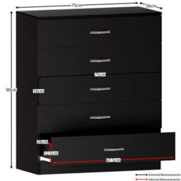 Black Modern Chest Of Drawers Bedside Table Cabinet 5 Drawer Bedroom Storage - thumbnail 2