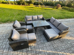 Fimous 11 Seater Rattan Outdoor Garden Furniture Sofa Set Patio Table & Chairs Set With 3 Seater Sofa Dining Table 3 Footstool - thumbnail 2