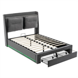 Abrihome Upholstered Storage Bed With Hydraulic Lift, Led Lights & Drawers - Dark Grey Velvet - Double 135X190Cm (4Ft6) - thumbnail 6