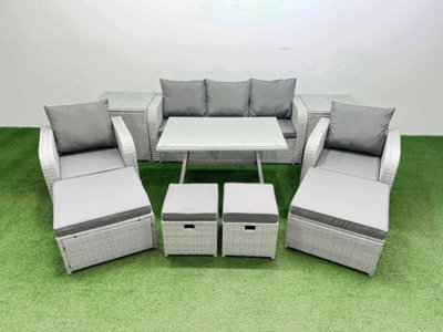 Fimous Rattan Garden Furniture Dining Set 9-Seater Patio Rectangular Table Sofa Set With 2 Side Tables 4 Stools Light Grey - image 1