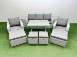 Fimous Rattan Garden Furniture Dining Set 9-Seater Patio Rectangular Table Sofa Set With 2 Side Tables 4 Stools Light Grey - thumbnail 1