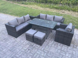 Fimous Lounge Sofa Garden Furniture Set Rattan Rectangular Dining Table Patio Chair With 2 Small Footstool 9 Seater Dark Grey - thumbnail 2