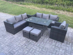 Fimous Lounge Sofa Garden Furniture Set Rattan Rectangular Dining Table Patio Chair With 2 Small Footstool 9 Seater Dark Grey - thumbnail 1