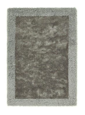 Shimmer Border Silver Shaggy Rug, Handmade Rug, Bordered Rug, Plain Modern Rug For Bedroom, & Dining Room-80Cm X 150Cm