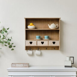 Melody Maison Large Rustic Wooden Wall Shelving Unit With Heart Drawers & Storage Hooks - thumbnail 8