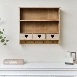 Melody Maison Large Rustic Wooden Wall Shelving Unit With Heart Drawers & Storage Hooks - thumbnail 5
