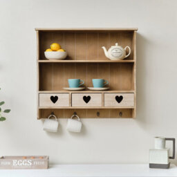 Melody Maison Large Rustic Wooden Wall Shelving Unit With Heart Drawers & Storage Hooks - thumbnail 2