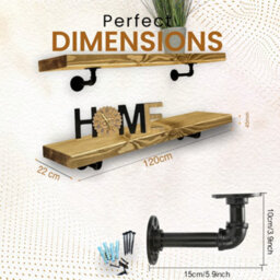 MKGT Industrial Pipe Bracket Wooden Floating Shelves, Rustic Wall Decor (Dark Oak, 120Cm) - thumbnail 2