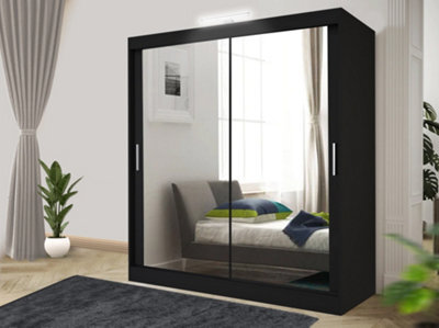 RAC3 Sliding Wardrobe With Mirror, Drawers & Led Modern Sliding Wardrobe With Storage Closet Organizer Cabinet(Black, 203Cm) - image 1