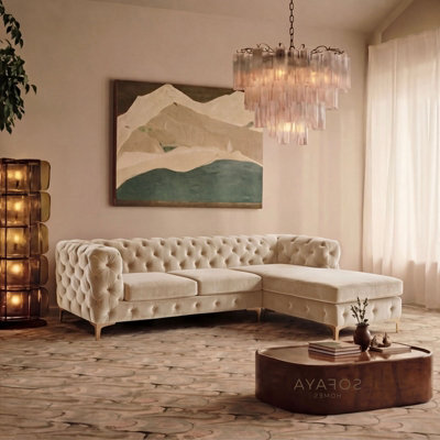 Monaco Chesterfield 3 Seater Chaise Sofa Cream Velvet L Shaped Corner Chaise- Right Hand Deep Buttoned Upholstery Couch Lounge - image 1