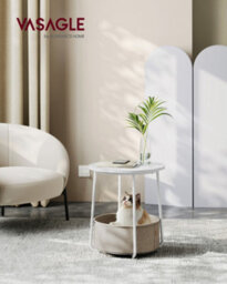LEDREM Side Table, Round End Table With Fabric Basket, For Living Room Bedroom, Bedside Table, Modern Style, White - thumbnail 4