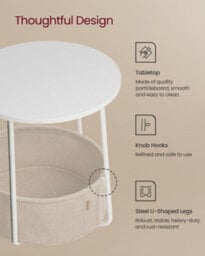 LEDREM Side Table, Round End Table With Fabric Basket, For Living Room Bedroom, Bedside Table, Modern Style, White - thumbnail 7